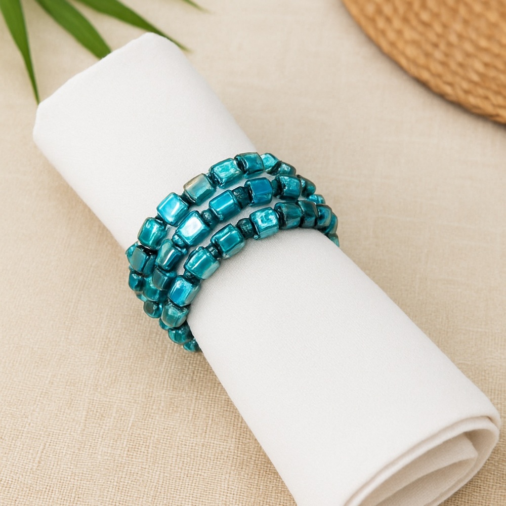 4Pack Shimmering Blue Beaded Shell Napkin Rings